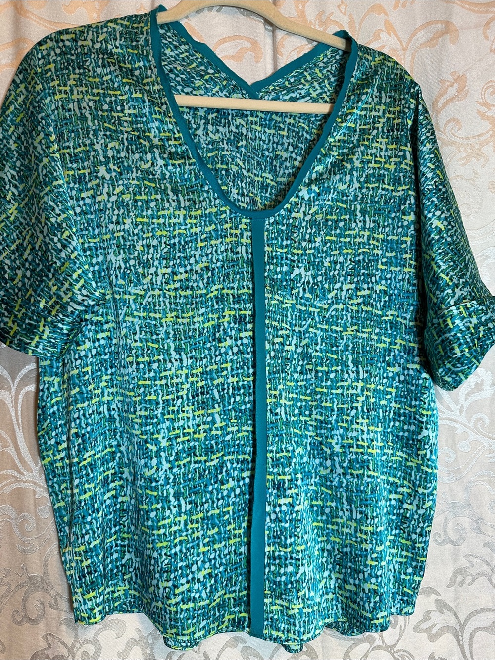 Tahari Teal and Lime Patterned Short-Sleeve Blouse